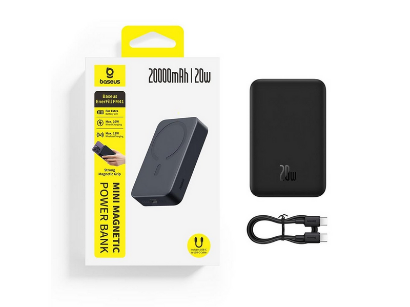 Baseus EnerFill FM41 20000mAh 20W Magnetic Power Bank with 30cm USB-C to USB-C Cable - Black - 20000 mAh