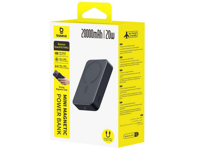 Baseus EnerFill FM41 20000mAh 20W Magnetic Power Bank with 30cm USB-C to USB-C Cable - Black - 20000 mAh