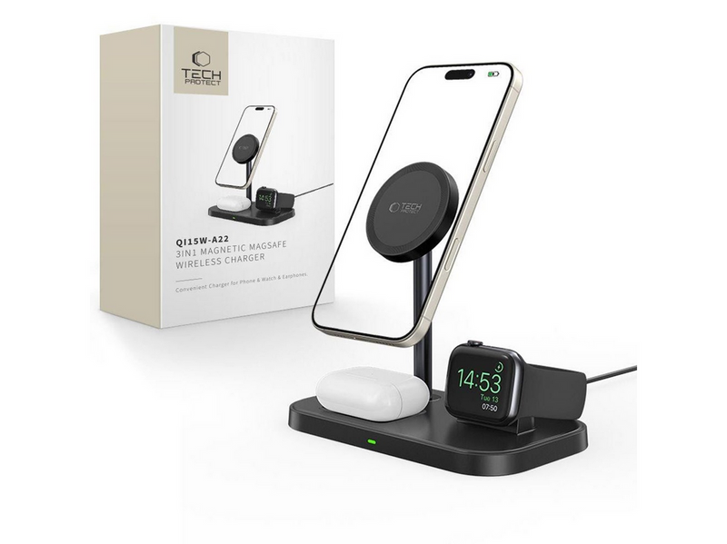 Tech-Protect QI15W-A22 Inductive MagSafe Charger with 3in1 MagSafe Stand for Smartphone / Apple Watch / AirPods - Black
