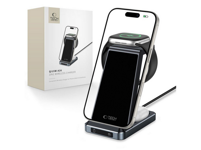 Tech-Protect QI15W-A26 Inductive Charger 15W 3in1 for Smartphone / Headphones / Apple Watch - Black