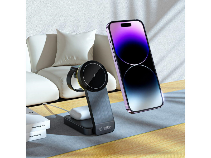 Tech-Protect QI15W-A28 MagSafe 3in1 Inductive Charger with Stand for Smartphone / Apple Watch / AirPods - Black