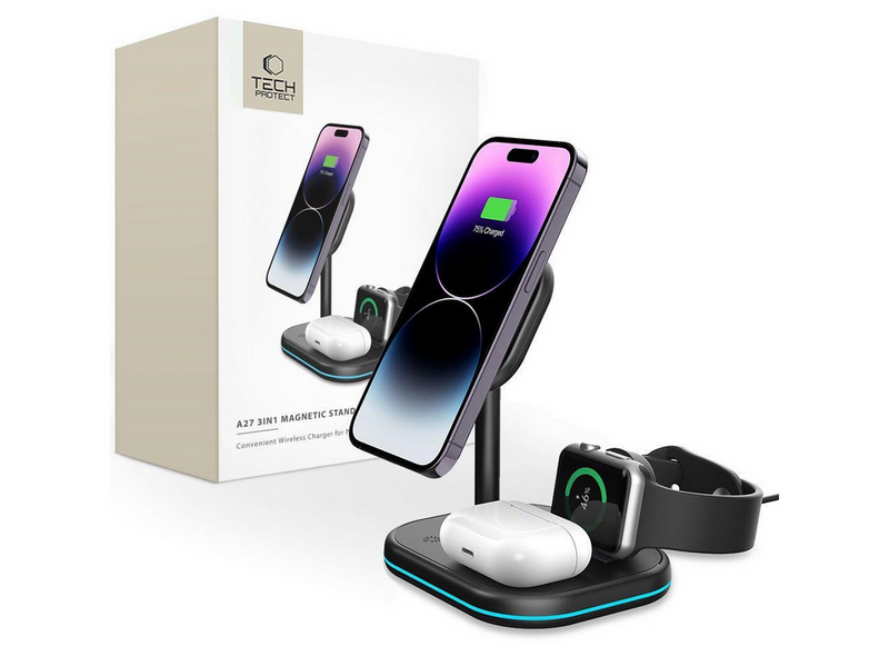 Tech-Protect QI15W-A27 3in1 Inductive Charger with MagSafe Stand for Smartphone / Apple Watch / AirPods - Black