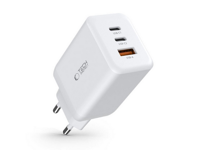 Tech-Protect C65W AC Charger 2x USB-C PD 65W / USB-A QC 3.0 - White