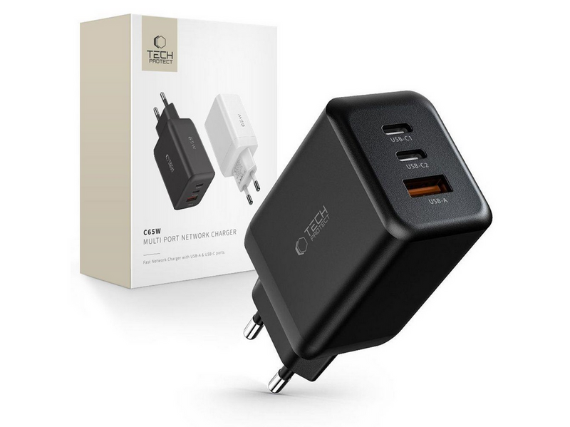 Tech-Protect C65W AC Charger 2x USB-C PD 65W / USB-A QC 3.0 - Black