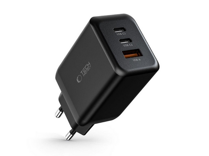 Tech-Protect C65W AC Charger 2x USB-C PD 65W / USB-A QC 3.0 - Black