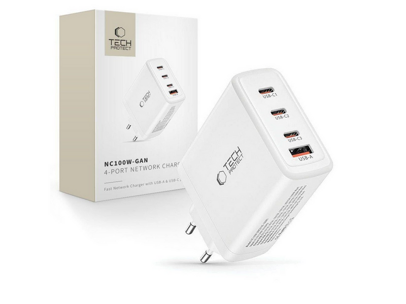 Tech-Protect NC100W-GAN GaN 3x USB-C PD 100W / USB-A QC 3.0 Charger - White