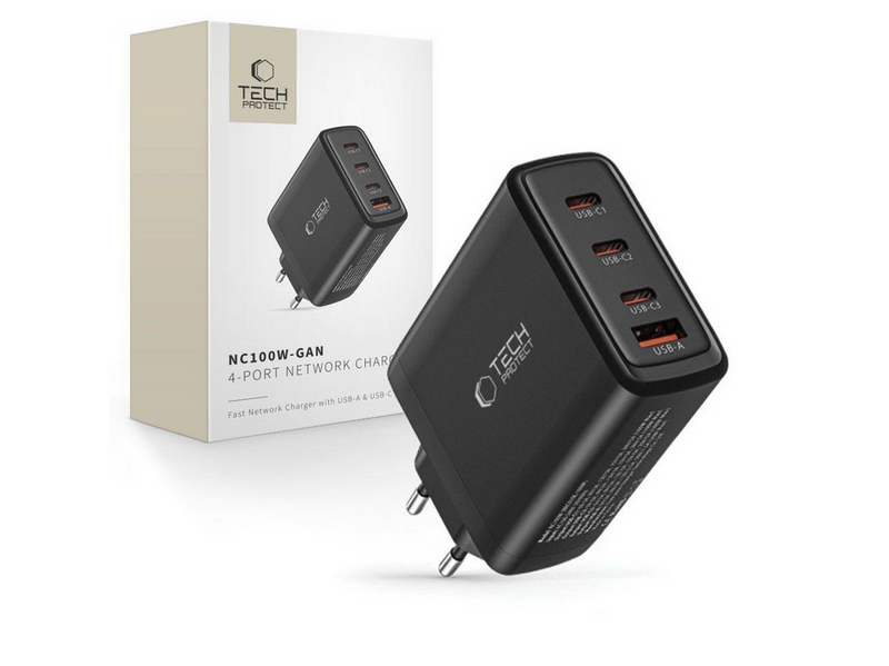 Tech-Protect NC100W-GAN GaN 3x USB-C PD 100W / USB-A QC 3.0 Charger - Black