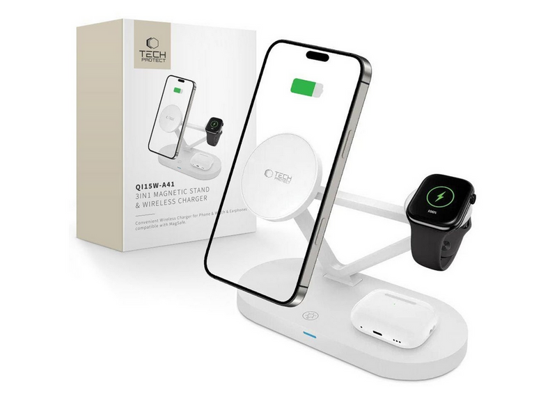 Tech-Protect QI15W-A41 3in1 Wireless Charger with MagSafe for Apple Devices - White