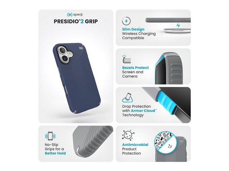 Speck Presidio2 Grip - iPhone 16 Case - Coastal Blue / Dust Gray / White