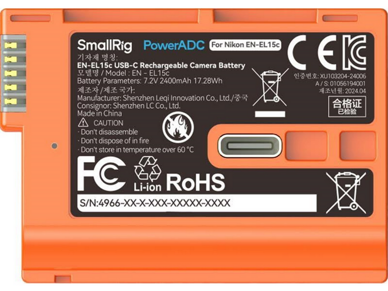 SmallRig 4966 EN-EL15c USB-C Rechargeable Camera Battery Orange