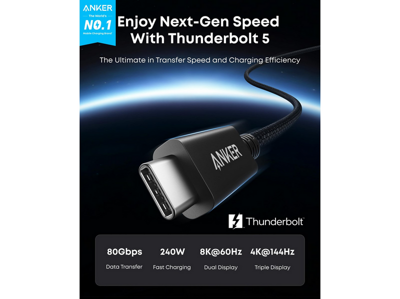 Anker Prime USB-C to USB-C Cable Thunderbolt 5 Cable - 0.5m - Black