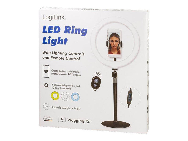 LogiLink Smartphone ring light tripod with remote shutter height adjust. Ø 25 cm