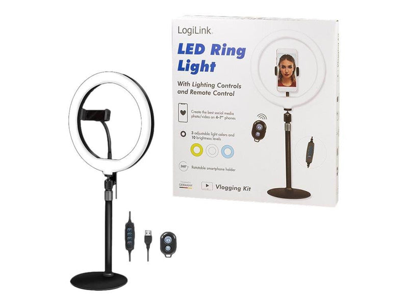 LogiLink Smartphone ring light tripod with remote shutter height adjust. Ø 25 cm