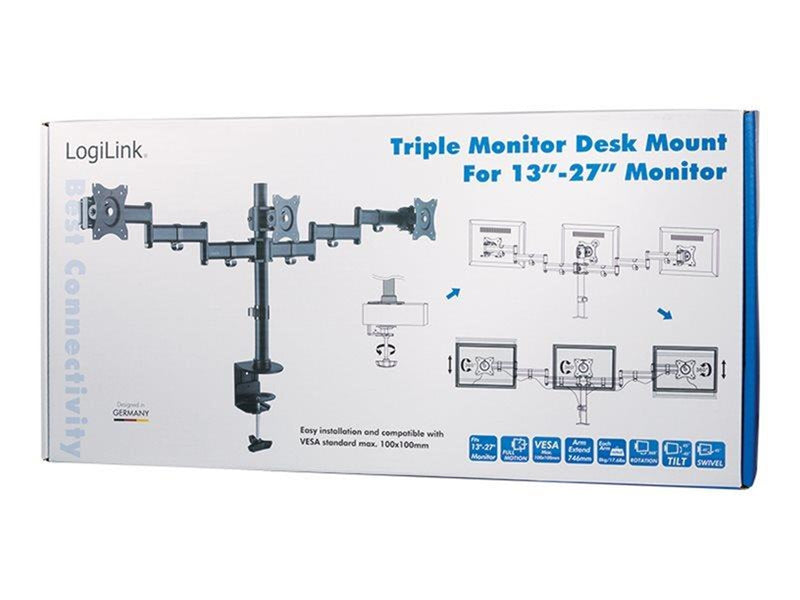LogiLink Triple monitor mount 13–27" steel arm length: each 746 mm