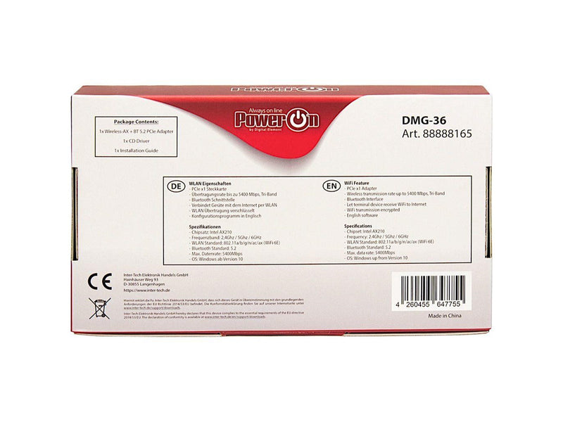 Inter-Tech DMG-36 Wi-Fi 6E + BT 5.2 PCIe adapter - 5400Mbps