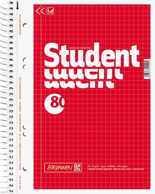 BRUNNEN Collegeblock DIN A5 kariert 5 mm - Student rot - 5 Stück