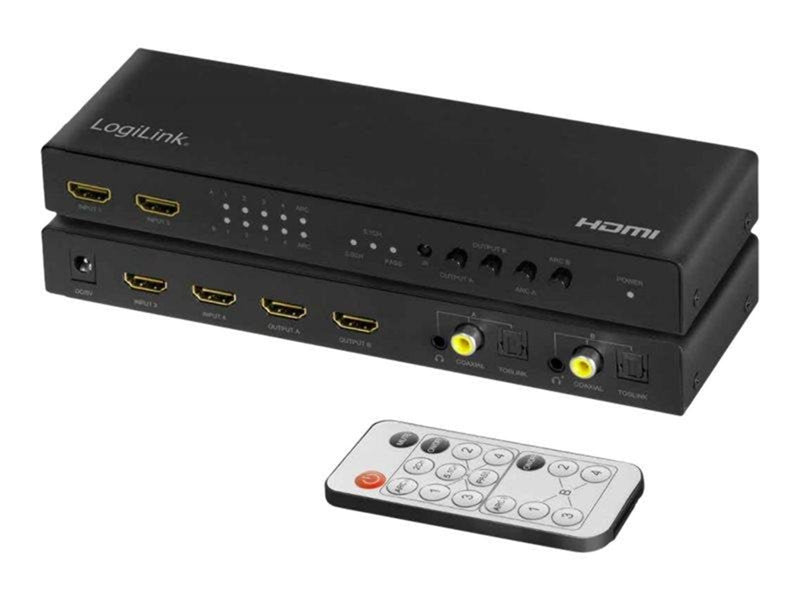 LogiLink HDMI switch 4x2-Port matrix 4K/60 Hz HDR ARC extract scaler RC