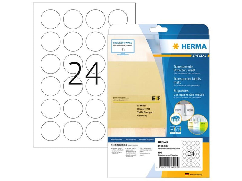HERMA Verschlussetiketten A4, Ø 40 mm, transparent, wetterfest, stark haftend