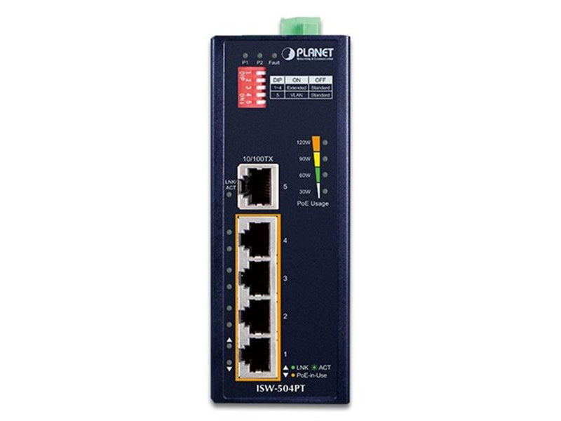 PLANET ISW-504PT Industrial 5-Port 10/100TX Ethernet Switch with 4-Port 802.3at PoE+
