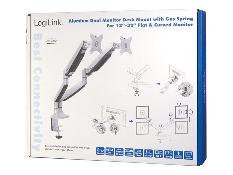 LogiLink Dual monitor mount 13–32" aluminum gas spring