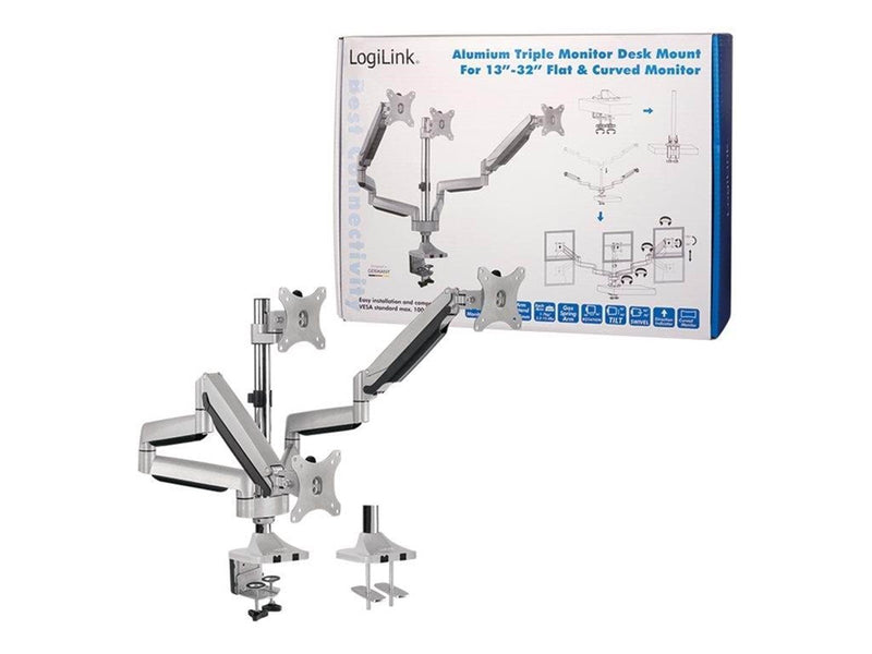 LogiLink Triple monitor mount 13–32" aluminum 2x gas spring