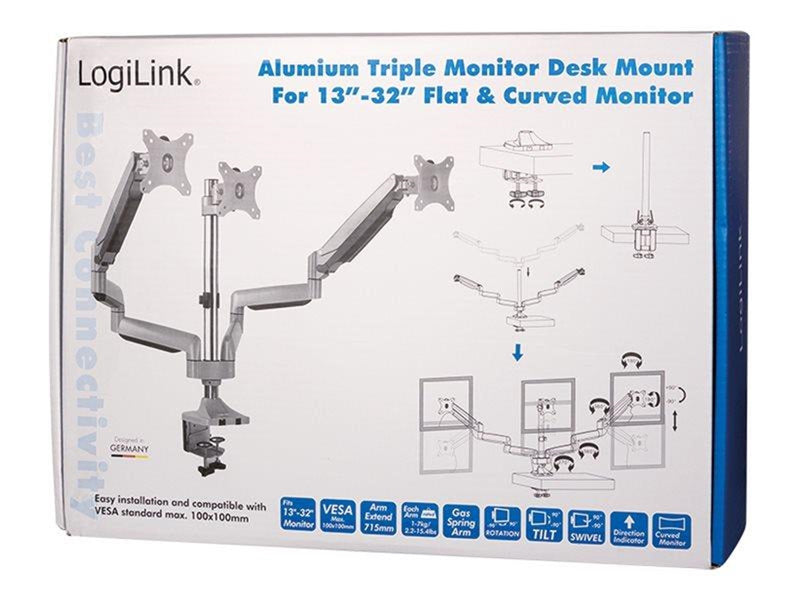 LogiLink Triple monitor mount 13–32" aluminum 2x gas spring