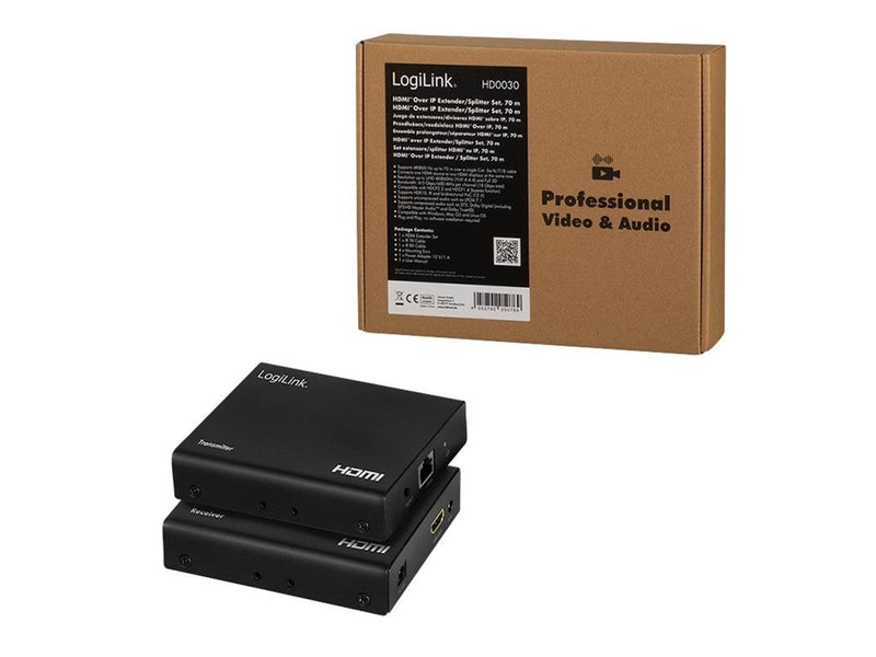 LogiLink HDMI extender/splitter set over IP 70 m 1x2-Port.4K/60 Hz.HDR.IR.POC