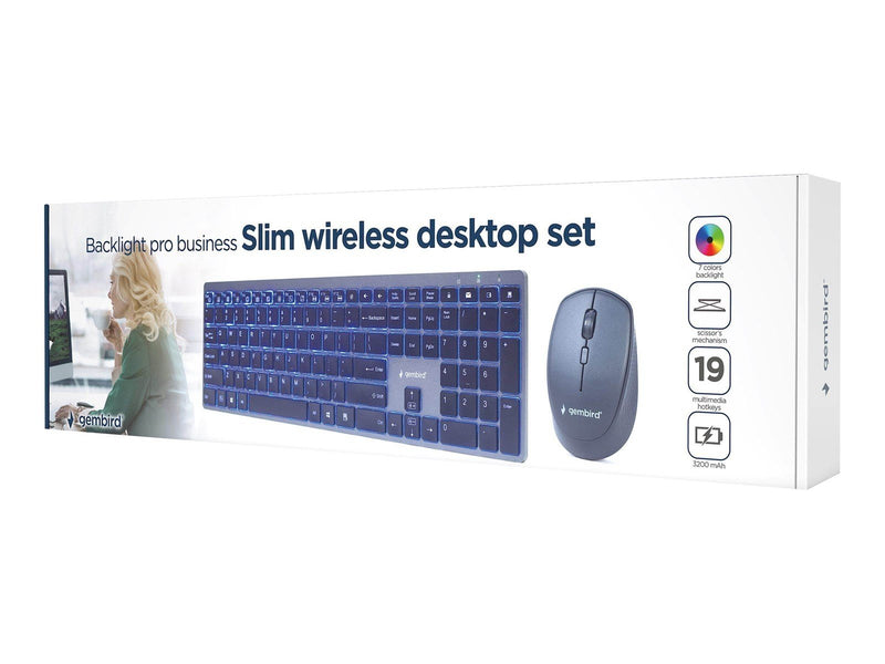 Gembird Backlight Pro Business Slim wireless desktop set - keyboard and mouse set - QWERTY - US - black - Tastatur & Maus Set -