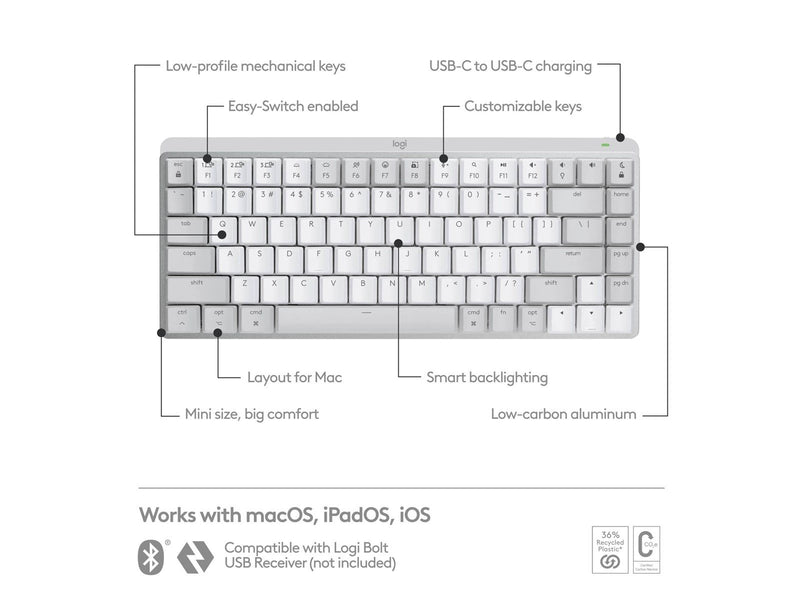 Logitech MX Mechanical Mini for Mac - Minimalist Wireless Illuminated Performance Keyboard Pale Grey - US - Tastaturen - Englisc