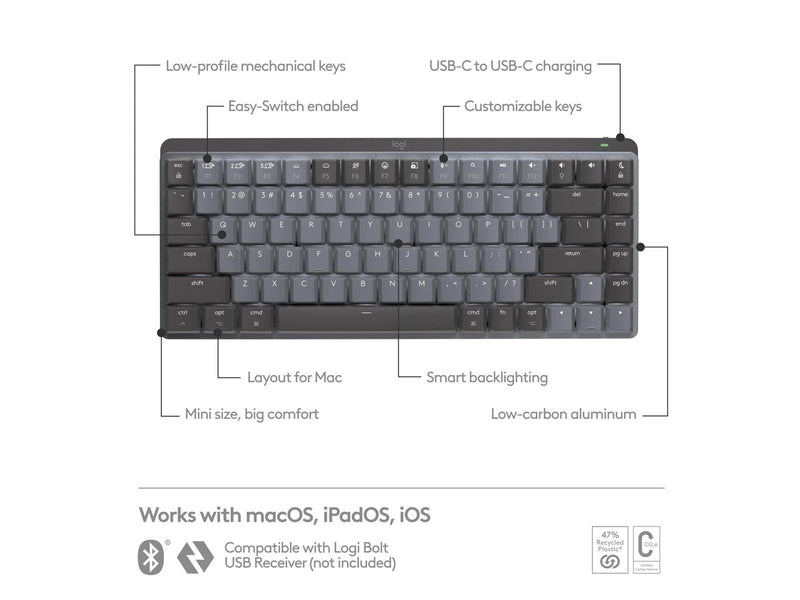 Logitech MX Mechanical Mini for Mac - Minimalist Wireless Illuminated Performance Keyboard Space Grey - US - Tastaturen - Englis