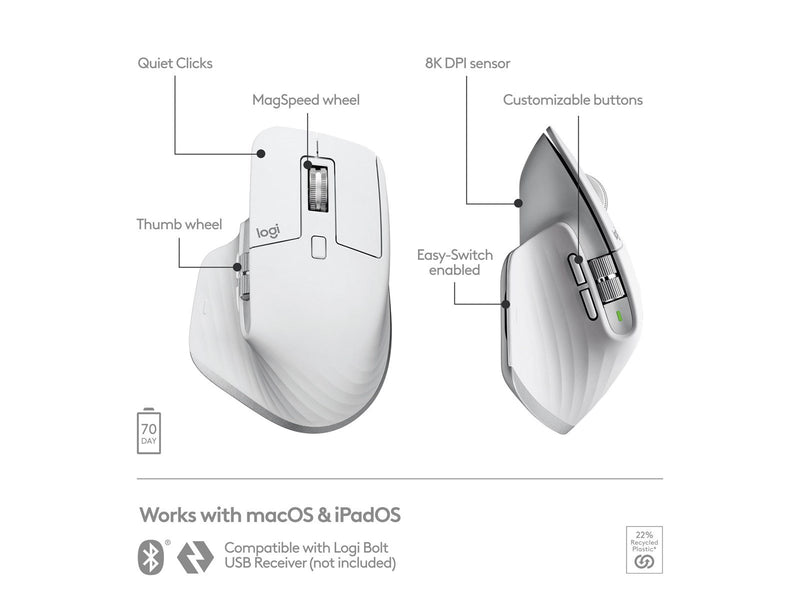 Logitech MX Master 3S for Mac Performance Wireless Mouse - Pale Grey - Ergonomische Maus (Weiß)