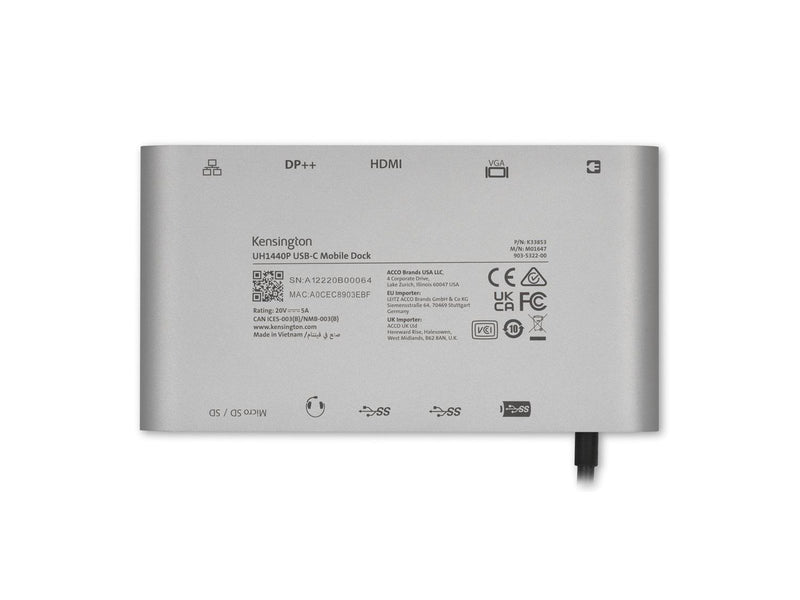 Kensington UH1440P USB-C 5Gbps Dual Video Driverless Mobile Dock – 85W Pass-Through Power – DP/HDMI/VGA