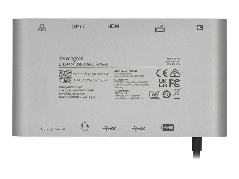 Kensington UH1440P USB-C 5Gbps Dual Video Driverless Mobile Dock – 85W Pass-Through Power – DP/HDMI/VGA