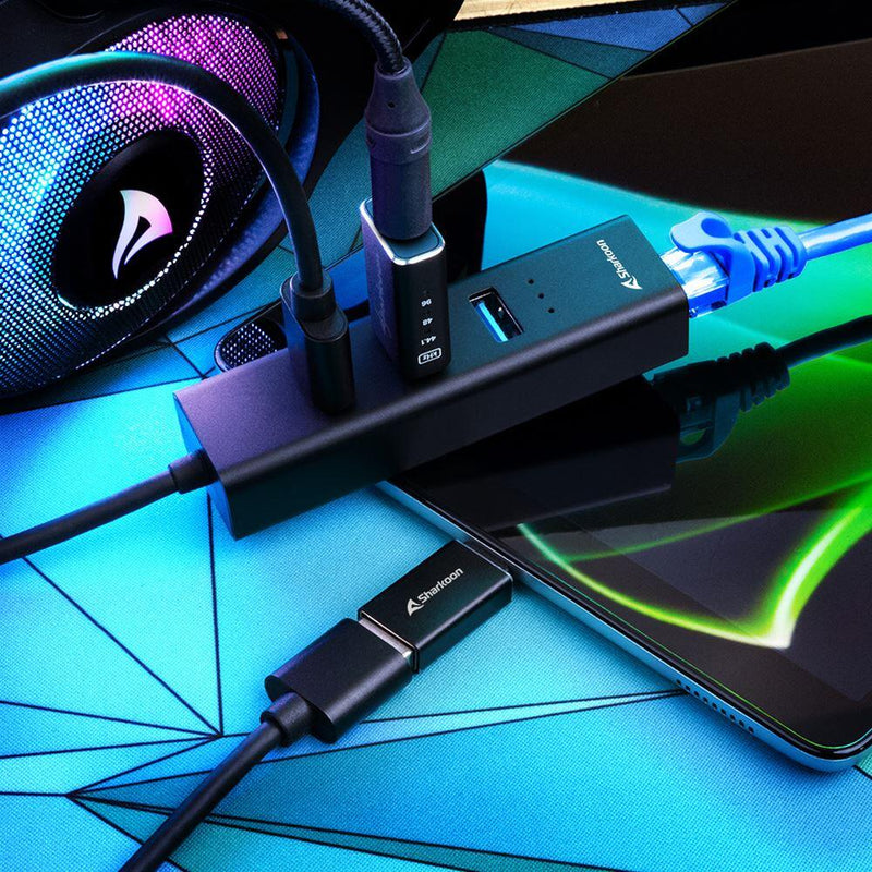 Sharkoon 3-Port USB Hub + RJ45 Ethernet Adapter