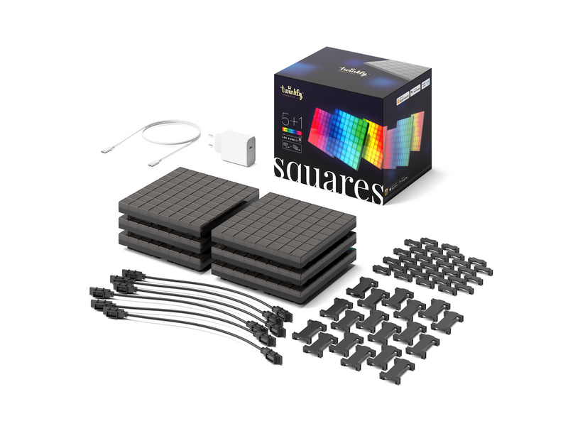 Twinkly Squares Starter Kit – 5+1 App-controlled LED Panels with 64 RGB Pixels. Black.