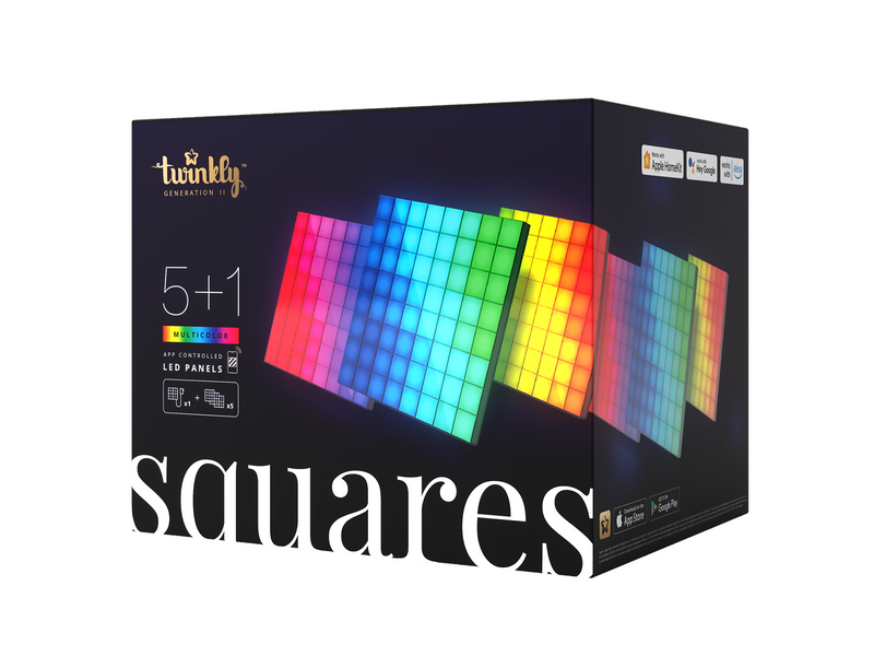 Twinkly Squares Starter Kit – 5+1 App-controlled LED Panels with 64 RGB Pixels. Black.