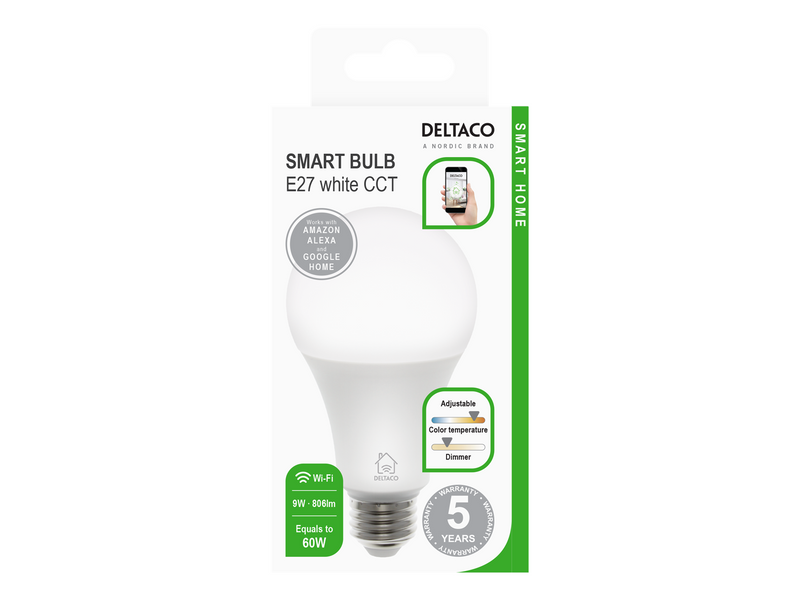 Deltaco SMART HOME LED light E27 WiFI 9W 2700K-6500K dimmable white