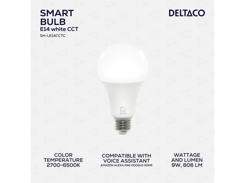 Deltaco SMART HOME LED light E27 WiFI 9W 2700K-6500K dimmable white