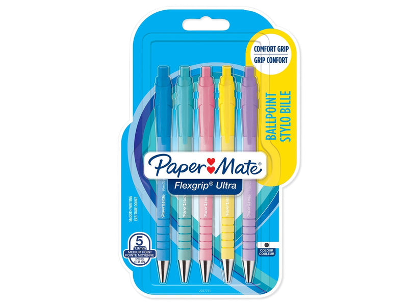 Paper Mate Flexgrip Ultra-Druckkugelschreiber | mittlere Spitze (1,0 mm) | schwarze Tinte | Pastellfarben | 5 Stück
