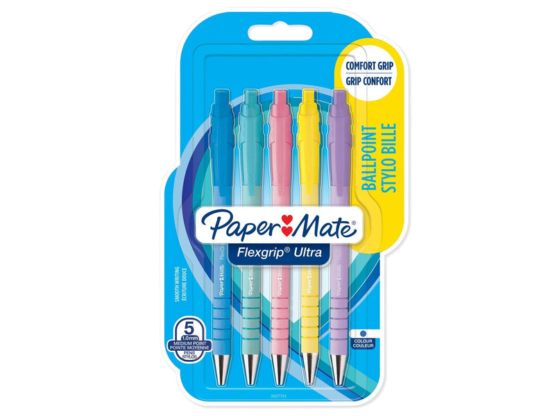 Paper Mate Flexgrip Ultra-Druckkugelschreiber | mittlere Spitze (1,0 mm) | blaue Tinte | Pastellfarben | 5 Stück