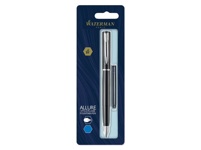 Waterman Allure Füller| Lackierung in Schwarz | Füllfederhalter mit feiner Feder | Blaue Tinte