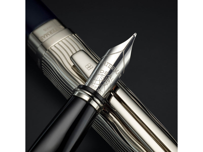 Waterman Exception Füller | Metall & Blau Lack mit Palladium-Zierteilen und gravierte Kappe | 18 kt Gold | Füllfederhalter mit f