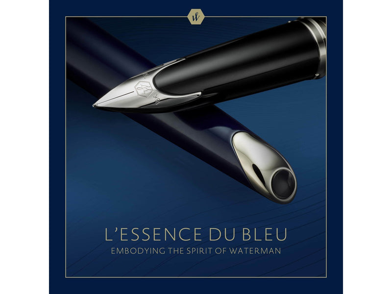Waterman Carène Füller | Metall und blaue Lackierung | ziselierte Kappe | mittlere Feder aus 18-Karat-Gold | blaue Tinte | Gesch