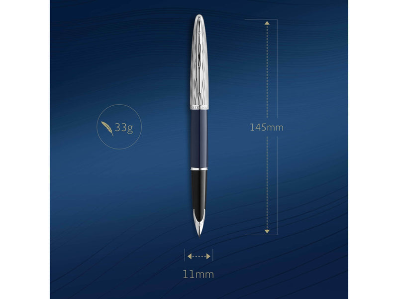 Waterman Carène Füller | Metall und blaue Lackierung | ziselierte Kappe | mittlere Feder aus 18-Karat-Gold | blaue Tinte | Gesch