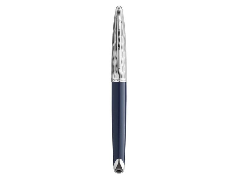 Waterman Carène Füller | Metall und blaue Lackierung | ziselierte Kappe | mittlere Feder aus 18-Karat-Gold | blaue Tinte | Gesch