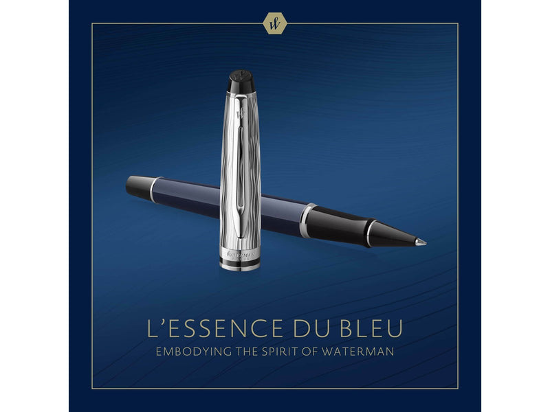 Waterman Expert Tintenroller | Metall und blaue Lackierung | ziselierte Kappe | schwarze Tinte | Geschenkbox