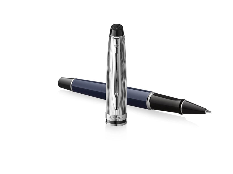 Waterman Expert Tintenroller | Metall und blaue Lackierung | ziselierte Kappe | schwarze Tinte | Geschenkbox