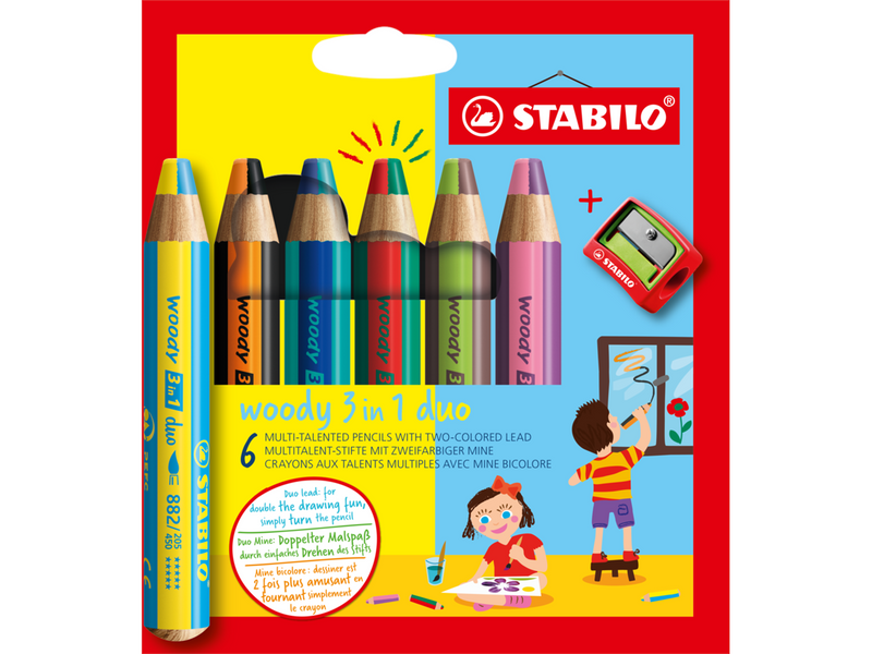 STABILO  woody Arty 3 in 1 cardboard wallet of 6 pens incl. a sharpener MULTI-TALENTED PENCIL WITH TWO-COLORED LEAD.