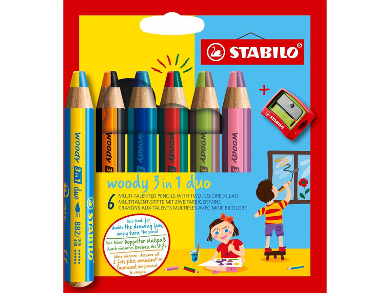 STABILO  woody Arty 3 in 1 cardboard wallet of 6 pens incl. a sharpener MULTI-TALENTED PENCIL WITH TWO-COLORED LEAD.