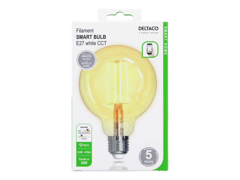 Deltaco SMART HOME LED filament lamp E27 WiFI 2.4GHz 5.5W 470lm dimmable 220-240V white